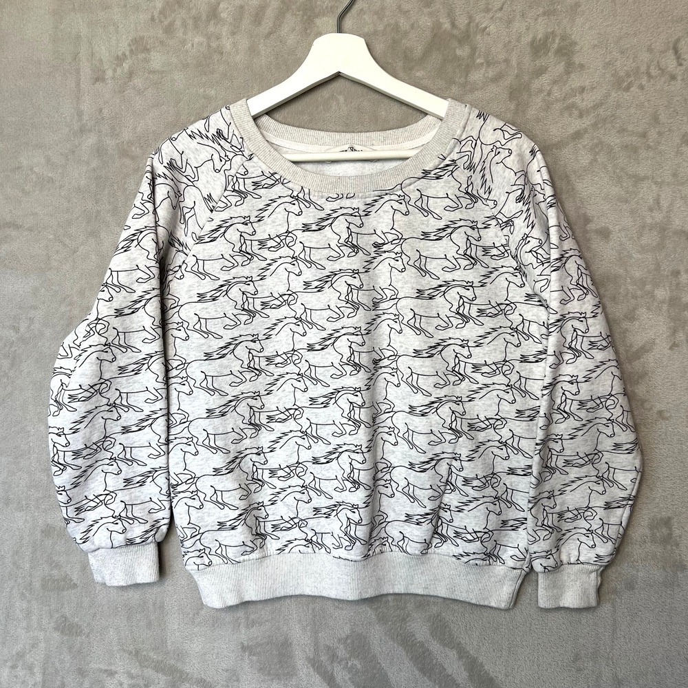 SM Wardrobe Sweatshirt Womens Small All-Over Horse Equestrian Light Gray Crew
